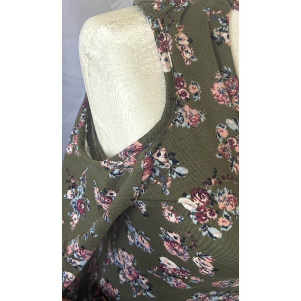 Olive Green Floral Cold Shoulder Top Choker Neck O-Ring Boho 3/4 Sleeve Small - Picture 3 of 8